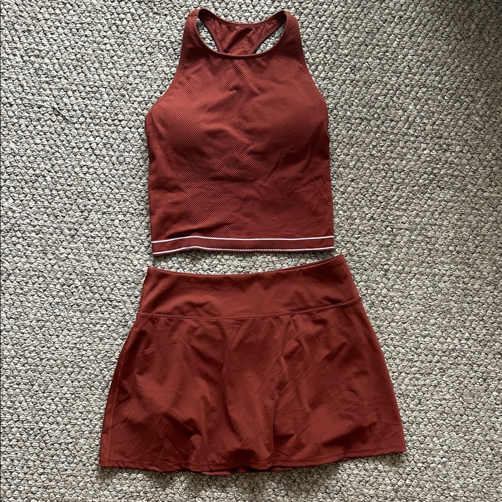 $120 CALIA Rust Red Racerback Crop Top and Skirt Set PickleBall Tennis Sz M